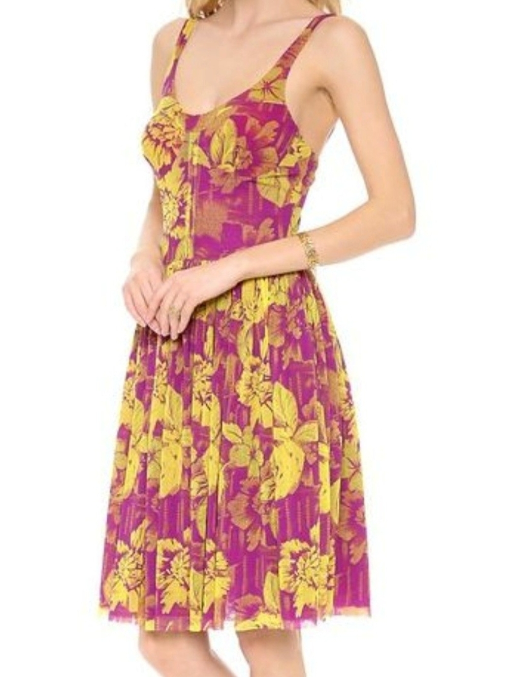 Jean Paul Gaultier Yellow and Purple Floral Pleated Mini Dress Size Medium